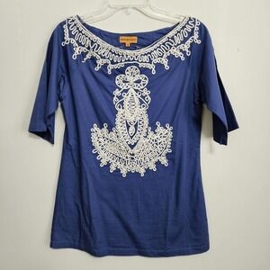 Roberta Freymann Ribbon Embroidered Pullover Tunic Top Sz S Anchor Design